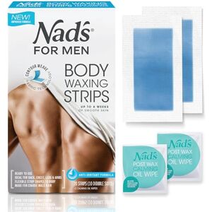 Nad's For Men Ready to Use Body Wax Strips, Wax Strips Men, Mens Hair Removal, Includes 20 Waxing Strips & 2 Post Wax Calming Oil Wipes, 20 Count (Pack of 1) Nad's For Men Ready to Use Body Wax Strips, Wax Strips Men, Mens Hair Removal, Includes 20 Waxing Strips & 2 Post Wax Calming Oil Wipes, 20 Count (Pack of 1)