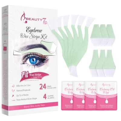 Beauty7 Pre-cut Eyebrow Waxing Strip for Face, 24 Count with 4 Finish Wipes Perfect for brows & lip. Ready-to-use cold wax strips. Natural & gentle formula. Oil wipes included to clean wax residue. Beauty7 Pre-cut Eyebrow Waxing Strip for Face, 24 Count with 4 Finish Wipes Perfect for brows & lip. Ready-to-use cold wax strips. Natural & gentle formula. Oil wipes included to clean wax residue.