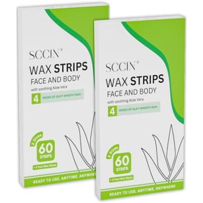 SCCIN 2x Aloe Vera Ready to Use Wax Strips Hair Removal Kit: 60 Pieces (40 Body + 20 Facial Waxing strips), 4 Calming Wipes, for Face, Eyebrows, Arms, Legs, Umderarm & Bikini (2 Packs) SCCIN 2x Aloe Vera Ready to Use Wax Strips Hair Removal Kit: 60 Pieces (40 Body + 20 Facial Waxing strips), 4 Calming Wipes, for Face, Eyebrows, Arms, Legs, Umderarm & Bikini (2 Packs)