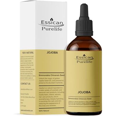Essican Purelife Pure Jojoba Oil for Skin 100ml in Glass Bottle, Premium Cold Pressed Jojoba Oil for Hair Growth, Nails, Stretch Marks, Makeup Remover & Face Moisturiser, Natural Carrier Oils for Essential Oils Mixing Essican Purelife Pure Jojoba Oil for Skin 100ml in Glass Bottle, Premium Cold Pressed Jojoba Oil for Hair Growth, Nails, Stretch Marks, Makeup Remover & Face Moisturiser, Natural Carrier Oils for Essential Oils Mixing