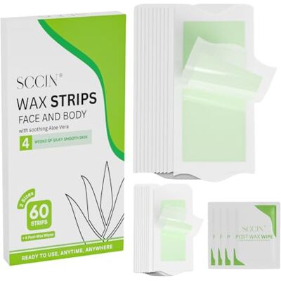 SCCIN Aloe Vera Ready to Use Wax Strips Hair Removal Kit:60 Pieces (40 Body + 20 Facial Waxing strips), 4 Calming Wipes, for Face, Eyebrows, Arms, Legs, Umderarm & Bikini (1 Pack) SCCIN Aloe Vera Ready to Use Wax Strips Hair Removal Kit:60 Pieces (40 Body + 20 Facial Waxing strips), 4 Calming Wipes, for Face, Eyebrows, Arms, Legs, Umderarm & Bikini (1 Pack)