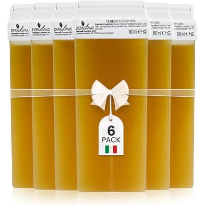 DERMAWAX Olive Roll-On Wax Cartridges, Soft Roller Wax Refills, 6 x 100 ml Olive oil roller wax refills for legs and body. Use with a roll-on heater and non-woven waxing strips; neither is included. DERMAWAX Olive Roll-On Wax Cartridges, Soft Roller Wax Refills, 6 x 100 ml Olive oil roller wax refills for legs and body. Use with a roll-on heater and non-woven waxing strips; neither is included.