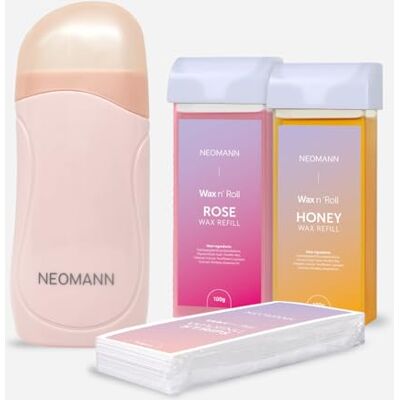NEOMANN Wax n'Roll Wax Roller Kit with 1 Rose & 1 Honey Refill, 50 Strips, 6 Aftercare Wipes – Roll-On Wax Warmer for Smooth Skin NEOMANN Wax n'Roll Wax Roller Kit with 1 Rose & 1 Honey Refill, 50 Strips, 6 Aftercare Wipes – Roll-On Wax Warmer for Smooth Skin