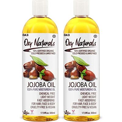 OA3 Oxy Naturals Organic Jojoba Oil 2 x 500ml – Cold Pressed, 100% Pure & Natural Unrefined Carrier Oil – Vegan, Hexane Free – for Skin, Hair, Nails & Makeup Removal OA3 Oxy Naturals Organic Jojoba Oil 2 x 500ml – Cold Pressed, 100% Pure & Natural Unrefined Carrier Oil – Vegan, Hexane Free – for Skin, Hair, Nails & Makeup Removal