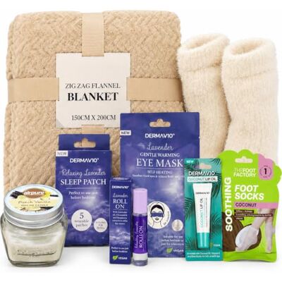 VIKINGTREAT Luxury 8-Piece Spa Gift Set for Women – Pamper Hamper Lavender sleep patch, foot mask, lip balm, candle, socks and blanket. Relaxing self-care beauty present in a gift box VIKINGTREAT Luxury 8-Piece Spa Gift Set for Women – Pamper Hamper Lavender sleep patch, foot mask, lip balm, candle, socks and blanket. Relaxing self-care beauty present in a gift box