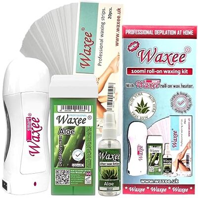Waxee Roll-on waxing kit: 100ml roller wax cartridge, wax heater, after wax oil, strips- Complete starter set roll-on wax system- SMART, COLOPHONY FREE (Aloe) Waxee Roll-on waxing kit: 100ml roller wax cartridge, wax heater, after wax oil, strips- Complete starter set roll-on wax system- SMART, COLOPHONY FREE (Aloe)