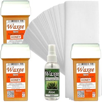 Waxee compatible for Veet Easy Wax 50ml roll on wax replacement roller wax cartridge HONEY (3 x 50ml roll-on + 25 strips+ after wax lotion) Waxee compatible for Veet Easy Wax 50ml roll on wax replacement roller wax cartridge HONEY (3 x 50ml roll-on + 25 strips+ after wax lotion)