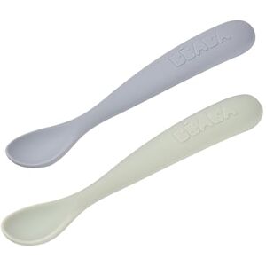 Béaba Set of 2 Silicone Spoons for Baby/Infant Early Age – from 4 Months, Soft Rounded Tip, Long Ergonomic Handle, Travel Case, Dust-Resistant Finish – Pebble/Verdigris Béaba Set of 2 Silicone Spoons for Baby/Infant Early Age – from 4 Months, Soft Rounded Tip, Long Ergonomic Handle, Travel Case, Dust-Resistant Finish – Pebble/Verdigris