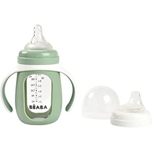 Béaba , 2 in 1 Glass Silicone Cup Heavy Duty Healthy 100% Waterproof Removable Handles 210ml Sage Green Béaba , 2 in 1 Glass Silicone Cup Heavy Duty Healthy 100% Waterproof Removable Handles 210ml Sage Green
