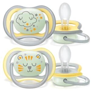 AVENT Philips Ultra Air Nighttime Pacifier Pack of 2, BPA Free Breathable Glow in the Dark Pacifier for Babies 18+ Months, Includes Transport and Sterilization Box, Cloud/Tiger AVENT Philips Ultra Air Nighttime Pacifier Pack of 2, BPA Free Breathable Glow in the Dark Pacifier for Babies 18+ Months, Includes Transport and Sterilization Box, Cloud/Tiger