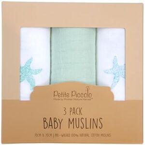 Petite Piccolo Baby Muslin Cloths, for Baby, Muslin Squares, 100% Cotton, Burp Cloths, Soft and Absorbent, Starfish Design, 70cm x 70cm, Pack of 3 White Petite Piccolo Baby Muslin Cloths, for Baby, Muslin Squares, 100% Cotton, Burp Cloths, Soft and Absorbent, Starfish Design, 70cm x 70cm, Pack of 3 White