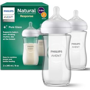 Philips Avent Natural Response Glass Baby Bottles 8oz/240 ml with Medium Flow Teats (Flow 3), 2 Pack, SCY933/02 Philips Avent Natural Response Glass Baby Bottles 8oz/240 ml with Medium Flow Teats (Flow 3), 2 Pack, SCY933/02