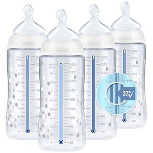 NUK First Choice+ Baby Bottles, Anti-Colic, 0-6 Months, With Temperature Control, Silicone Teat, BPA Free, White, 300ml, 4 Count