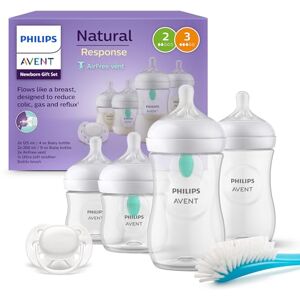 Philips Avent AirFree Vent Baby Bottle Newborn Gift Set 4 Baby Milk Bottles with Air-Free Vent, Ultra-Soft Pacifier and Bottle Brush, Babies Aged 0-12 Months+ (Model SCD657/11) Philips Avent AirFree Vent Baby Bottle Newborn Gift Set 4 Baby Milk Bottles with Air-Free Vent, Ultra-Soft Pacifier and Bottle Brush, Babies Aged 0-12 Months+ (Model SCD657/11)