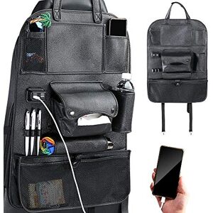BAKAJI Car Seat Back Protector Organizer with 4 USB Ports, Storage Pockets, Bottle Holder and Towel Holder Organizer in Black Faux Leather Fastening with Straps BAKAJI Car Seat Back Protector Organizer with 4 USB Ports, Storage Pockets, Bottle Holder and Towel Holder Organizer in Black Faux Leather Fastening with Straps