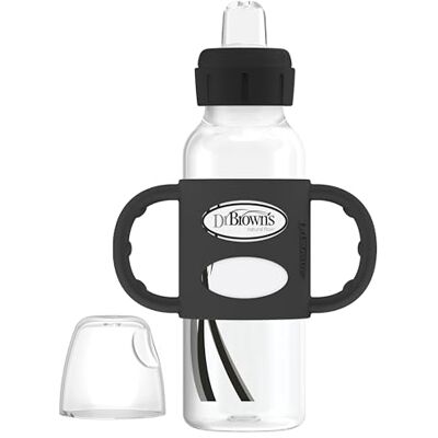 Dr. Brown's Milestones Narrow Sippy Spout Bottle with 100% Silicone Handles, Easy-Grip Handles with Soft Sippy Spout, 8oz/250mL, Black, 1-Pack, 6m+ Dr. Brown's Milestones Narrow Sippy Spout Bottle with 100% Silicone Handles, Easy-Grip Handles with Soft Sippy Spout, 8oz/250mL, Black, 1-Pack, 6m+