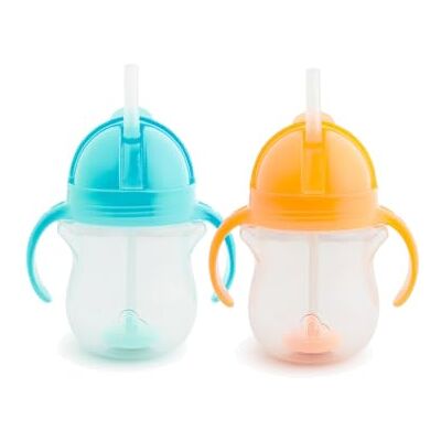 Munchkin 2 Pack Tip&Sip Baby Weighted Straw Cups 207ml Blue/Orange Munchkin 2 Pack Tip&Sip Baby Weighted Straw Cups 207ml Blue/Orange
