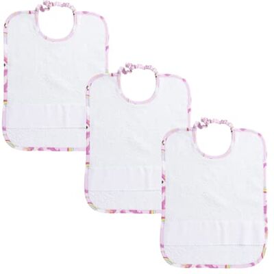 FILET Set of 3 Nursery Bibs with Elastic High Quality Material in White Terry Cloth with Embroidered Aida Border with Unicorn Print Made in Italy FILET Set of 3 Nursery Bibs with Elastic High Quality Material in White Terry Cloth with Embroidered Aida Border with Unicorn Print Made in Italy