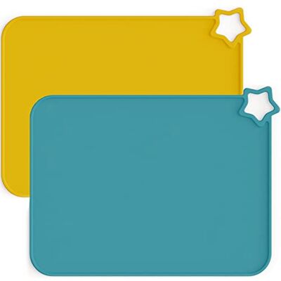 Moonkie Baby Silicone Placemats, Non-Slip Stain Resistant Portable Food Mats for Kids Toddler with 2 Packs (Teal/Mustard) Moonkie Baby Silicone Placemats, Non-Slip Stain Resistant Portable Food Mats for Kids Toddler with 2 Packs (Teal/Mustard)