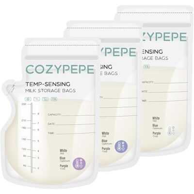 COZYPEPE 50 Pcs Breastmilk Storage Bags, 8oz / 250ml Breast Milk Storing Bag with Pour Spout, Temperature-Sensing Color Change Milk Bag for Convenient Breastfeeding, No Leak Presterilized for Freezer COZYPEPE 50 Pcs Breastmilk Storage Bags, 8oz / 250ml Breast Milk Storing Bag with Pour Spout, Temperature-Sensing Color Change Milk Bag for Convenient Breastfeeding, No Leak Presterilized for Freezer