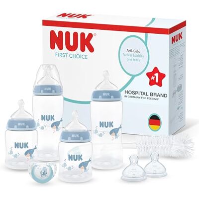 NUK First Choice Perfect Start Newborn Essentials Baby Bottles Set 0-6 Months 4 x Anti-Colic Feeding Bottles (150ml, 300ml), 2 x Teats, 1 x Dummy, 1 x Bottle Brush Whale 8 Count NUK First Choice Perfect Start Newborn Essentials Baby Bottles Set 0-6 Months 4 x Anti-Colic Feeding Bottles (150ml, 300ml), 2 x Teats, 1 x Dummy, 1 x Bottle Brush Whale 8 Count