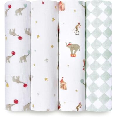 aden + anais Essentials Disney Baby Muslin Swaddle Blankets, Newborn Receiving Blanket for Swaddling, 100% Cotton Baby Swaddle Wrap, 4 Pack, Elephant Circus aden + anais Essentials Disney Baby Muslin Swaddle Blankets, Newborn Receiving Blanket for Swaddling, 100% Cotton Baby Swaddle Wrap, 4 Pack, Elephant Circus