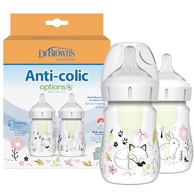 Dr. Brown's Anti-Colic Options+ Wide-Neck Baby Bottle Designer Edition Bottles, Woodland Decos, 5oz/150 ml, Level 1 Teat, Pack of 2, 0m+ Dr. Brown's Anti-Colic Options+ Wide-Neck Baby Bottle Designer Edition Bottles, Woodland Decos, 5oz/150 ml, Level 1 Teat, Pack of 2, 0m+