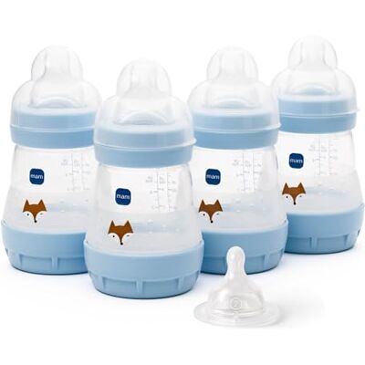 MAM Easy Start Anti-Colic Baby Bottles 4 Pack (4X 160ml) Self-Sterilising Baby Milk Bottle Slow Flow Teats Size 1 + 1x Medium Flow Teat Size 2 Powder Blue (Various Designs) MAM Easy Start Anti-Colic Baby Bottles 4 Pack (4X 160ml) Self-Sterilising Baby Milk Bottle Slow Flow Teats Size 1 + 1x Medium Flow Teat Size 2 Powder Blue (Various Designs)
