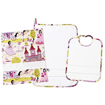 FILET Three-Piece Nursery Set with Aida Canvas to Embroider, Consisting of a Bag, Towel and Bib in White Terry Cloth, 100% Cotton, Made in Italy, Princesses Pattern, Pink Background FILET Three-Piece Nursery Set with Aida Canvas to Embroider, Consisting of a Bag, Towel and Bib in White Terry Cloth, 100% Cotton, Made in Italy, Princesses Pattern, Pink Background