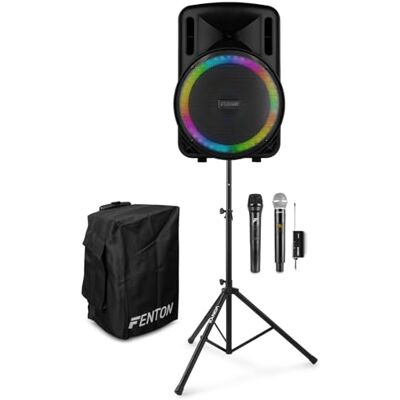 Fenton FT15LED MK2 Portable PA System with Dual Wireless Microphones, Custom Cover & Stand, 15" Speaker, Bluetooth, Battery Powered, Karaoke Party & Event Audio Kit Fenton FT15LED MK2 Portable PA System with Dual Wireless Microphones, Custom Cover & Stand, 15" Speaker, Bluetooth, Battery Powered, Karaoke Party & Event Audio Kit