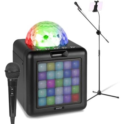 Fenton KAR15B Karaoke Machine with Speaker System, Bluetooth 5.3, Tablet Holder, Mic Stand, 2 Microphones, Built-in Disco Lights, Rechargeable Battery, Karaoke with Tablet, Black Fenton KAR15B Karaoke Machine with Speaker System, Bluetooth 5.3, Tablet Holder, Mic Stand, 2 Microphones, Built-in Disco Lights, Rechargeable Battery, Karaoke with Tablet, Black