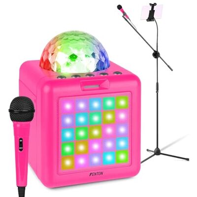 Fenton KAR15P Pink Karaoke Machine with Bluetooth Speaker System, Tablet Holder, Mic Stand, 2 Microphones, LED Disco Lights, Voice Effects, Portable Karaoke with Tablet Holder Fenton KAR15P Pink Karaoke Machine with Bluetooth Speaker System, Tablet Holder, Mic Stand, 2 Microphones, LED Disco Lights, Voice Effects, Portable Karaoke with Tablet Holder