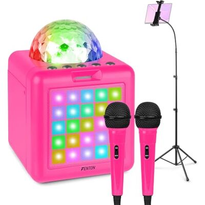 Fenton KAR15 Pink Karaoke Machine with Bluetooth, Party Lighting, 2 Mics, Tablet Stand, Portable Speaker System for Kids and Family, Rechargeable AUX Input, karaoke with Tablet Fenton KAR15 Pink Karaoke Machine with Bluetooth, Party Lighting, 2 Mics, Tablet Stand, Portable Speaker System for Kids and Family, Rechargeable AUX Input, karaoke with Tablet