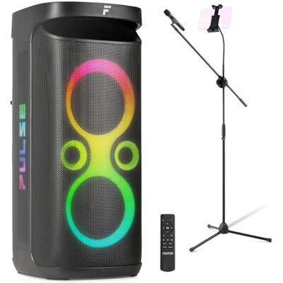 Fenton Pulse130 2x 6.5" portable karaoke system with wireless mic, tablet holder & stand, Bluetooth 5.3, LED lights, splashproof, rechargeable battery, adults party kit Fenton Pulse130 2x 6.5" portable karaoke system with wireless mic, tablet holder & stand, Bluetooth 5.3, LED lights, splashproof, rechargeable battery, adults party kit
