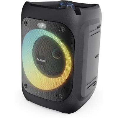MAJORITY P100 Bluetooth Party Speaker, 50W, Portable, LED Party Lights, Black, Karaoke Microphone Included, Indoor/Outdoor Use, Battery Powered, Single Unit, 3.5mm RCA, USB/SD Card MAJORITY P100 Bluetooth Party Speaker, 50W, Portable, LED Party Lights, Black, Karaoke Microphone Included, Indoor/Outdoor Use, Battery Powered, Single Unit, 3.5mm RCA, USB/SD Card