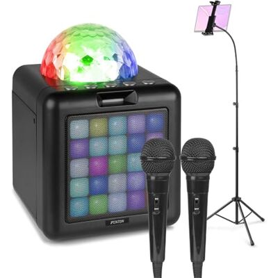 Fenton KAR15 Black Bluetooth Karaoke Machine Speaker System with Tablet Stand, LED Lights, 2 Microphones, Voice Effects, Rechargeable Perfect for Home Karaoke with Tablet Fenton KAR15 Black Bluetooth Karaoke Machine Speaker System with Tablet Stand, LED Lights, 2 Microphones, Voice Effects, Rechargeable Perfect for Home Karaoke with Tablet