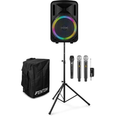 Fenton FT12LED MK2 Portable PA System Package with 3 Wireless Mics, Tripod, and Custom Cover – 12” Rechargeable Bluetooth Speaker, Complete Karaoke Party Solution for Events, Home, DJs, Outdoor Use Fenton FT12LED MK2 Portable PA System Package with 3 Wireless Mics, Tripod, and Custom Cover – 12” Rechargeable Bluetooth Speaker, Complete Karaoke Party Solution for Events, Home, DJs, Outdoor Use