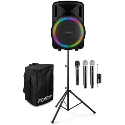Fenton FT15LED MK2 Portable PA System with 3 Wireless Mics, Stand & Cover, 800W Battery Party Speaker, Bluetooth, Karaoke, Outdoor Events, Adults Karaoke System Fenton FT15LED MK2 Portable PA System with 3 Wireless Mics, Stand & Cover, 800W Battery Party Speaker, Bluetooth, Karaoke, Outdoor Events, Adults Karaoke System