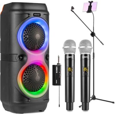 Fenton Track210 Home Karaoke Machine with LED Speaker, Dual Wireless Microphones, Tablet Holder Stand & Microphone Clamp – Bluetooth Portable Party System for Adults & Families Fenton Track210 Home Karaoke Machine with LED Speaker, Dual Wireless Microphones, Tablet Holder Stand & Microphone Clamp – Bluetooth Portable Party System for Adults & Families