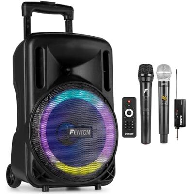 Fenton FT10LED MK2 10-Inch Battery Powered Portable PA Speaker System with Dual UHF Wireless Microphones, Bluetooth, USB MP3 Player and LED Lighting for Events, Karaoke and Speeches Fenton FT10LED MK2 10-Inch Battery Powered Portable PA Speaker System with Dual UHF Wireless Microphones, Bluetooth, USB MP3 Player and LED Lighting for Events, Karaoke and Speeches