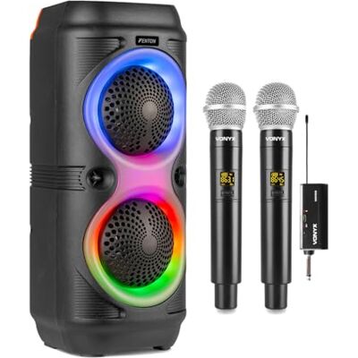 Fenton Track210 Portable Bluetooth Karaoke Speaker System with Two Wireless Microphones, Home Karaoke Setup with LED Party Lights, Rechargeable Battery & Stereo Pairing Functionality Fenton Track210 Portable Bluetooth Karaoke Speaker System with Two Wireless Microphones, Home Karaoke Setup with LED Party Lights, Rechargeable Battery & Stereo Pairing Functionality