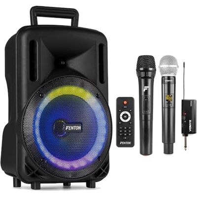 Fenton FT08LED MK2 8-Inch Portable PA Speaker System 300W with 2 Wireless Microphones, Rechargeable Battery, Bluetooth Streaming, USB/SD Inputs & LED Party Lights for Karaoke & Events Fenton FT08LED MK2 8-Inch Portable PA Speaker System 300W with 2 Wireless Microphones, Rechargeable Battery, Bluetooth Streaming, USB/SD Inputs & LED Party Lights for Karaoke & Events