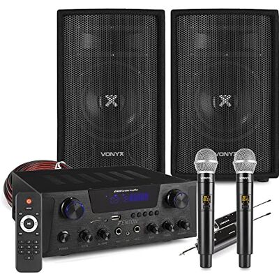 VONYX Fenton AV430B Home Karaoke System, Dual Wireless Mics, SL6 Speakers Bluetooth amplifier, echo & tone controls, MP3 player, remote control VONYX Fenton AV430B Home Karaoke System, Dual Wireless Mics, SL6 Speakers Bluetooth amplifier, echo & tone controls, MP3 player, remote control