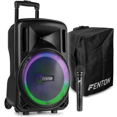 Fenton FT12LED MK2 12-inch Portable PA System with Wireless Mic and Custom Cover, Rechargeable Bluetooth Speaker, Built-in MP3, LED Lights, 700W, Trolley Design, Home Karaoke, Outdoor Events Fenton FT12LED MK2 12-inch Portable PA System with Wireless Mic and Custom Cover, Rechargeable Bluetooth Speaker, Built-in MP3, LED Lights, 700W, Trolley Design, Home Karaoke, Outdoor Events