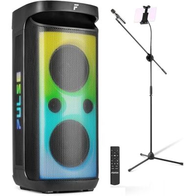 Fenton Pulse160 2x8" karaoke machine with weatherproof Bluetooth speakers, wireless microphone, rechargeable battery, adjustable microphone stand and tablet holder. Fenton Pulse160 2x8" karaoke machine with weatherproof Bluetooth speakers, wireless microphone, rechargeable battery, adjustable microphone stand and tablet holder.