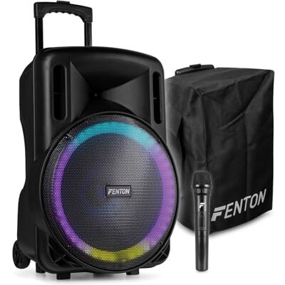 Fenton FT15LED MK2 15" Portable PA System with Rechargeable Battery, Wireless Microphone, Bluetooth, MP3, Custom-Fit Protective Cover, Mobile Karaoke Speaker, Complete Party Solution, 800W Fenton FT15LED MK2 15" Portable PA System with Rechargeable Battery, Wireless Microphone, Bluetooth, MP3, Custom-Fit Protective Cover, Mobile Karaoke Speaker, Complete Party Solution, 800W