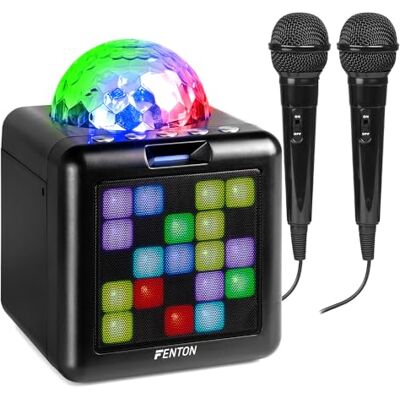 Fenton KAR15B Portable Bluetooth Karaoke Speaker with Wireless Mics, LED Lights, Rechargeable Karaoke Machine Speaker for Kids, Home Parties, Duets Fenton KAR15B Portable Bluetooth Karaoke Speaker with Wireless Mics, LED Lights, Rechargeable Karaoke Machine Speaker for Kids, Home Parties, Duets