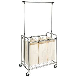 Household Essentials 3-Bag Laundry Sorter with Clothes Rack, Steel, Metallic Household Essentials 3-Bag Laundry Sorter with Clothes Rack, Steel, Metallic