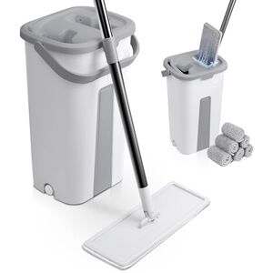 VOUNOT ® Flat Mop and Bucket Set, 2-in-1 Hands-Free Squeeze Mop and Bucket with 6 Reusable Microfiber Pads, Floor Cleaning Flat Mop for Home Kitchen Bathroom, White VOUNOT ® Flat Mop and Bucket Set, 2-in-1 Hands-Free Squeeze Mop and Bucket with 6 Reusable Microfiber Pads, Floor Cleaning Flat Mop for Home Kitchen Bathroom, White