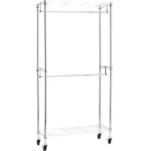 Amazon Basics Double Rod Garment Rack / Clothes Rail with Height-Adjustable Shelves 181kg Max Weight, Chrome, 91 x 36 x 183 cm Amazon Basics Double Rod Garment Rack / Clothes Rail with Height-Adjustable Shelves 181kg Max Weight, Chrome, 91 x 36 x 183 cm